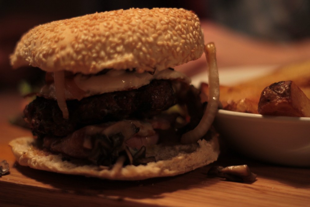 The Lucky 7 handmade beef burger. We had ours topped with fried egg, stilton, onions and mushrooms.