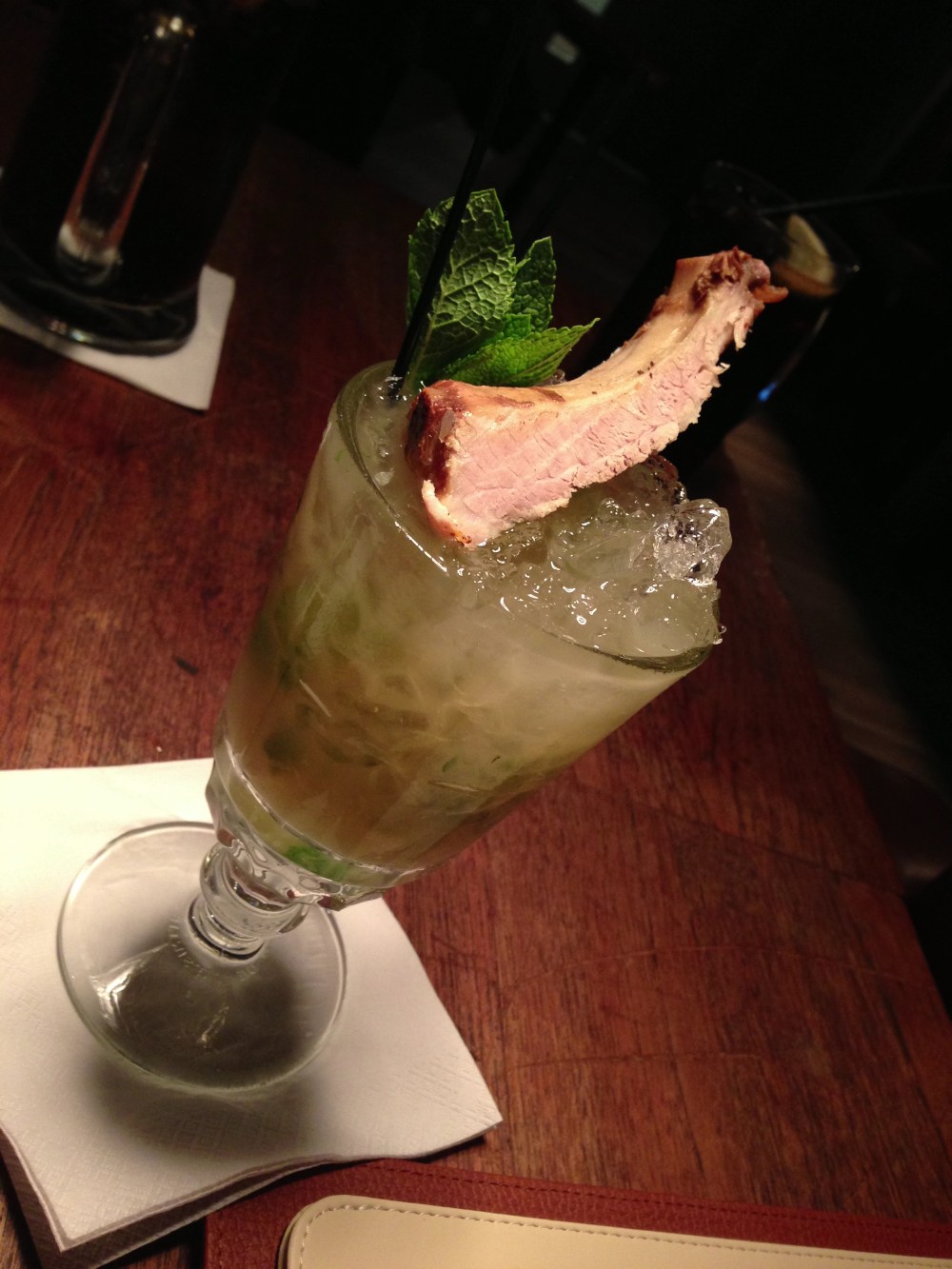 MEATojito. Rib-infused rum and topped with a caramelised short rib.