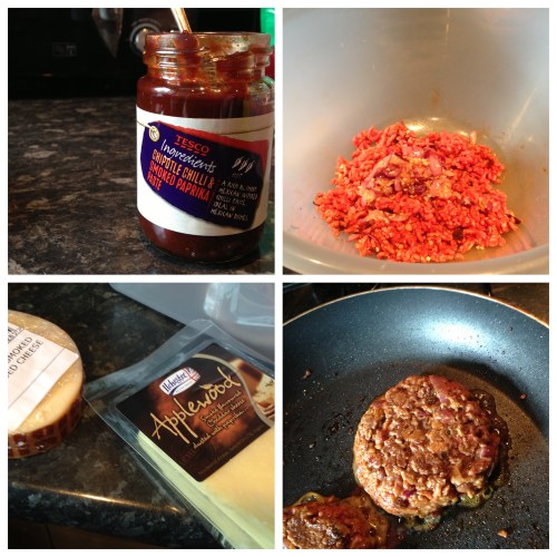 Chipotle paste, combining the ingredients, the two types of cheese & cooking the patties.