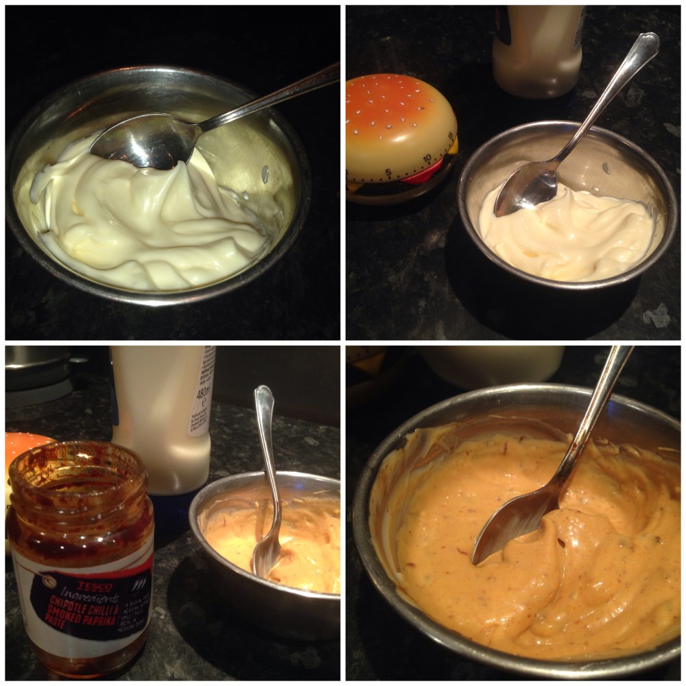 Preparing the chipotle mayo.