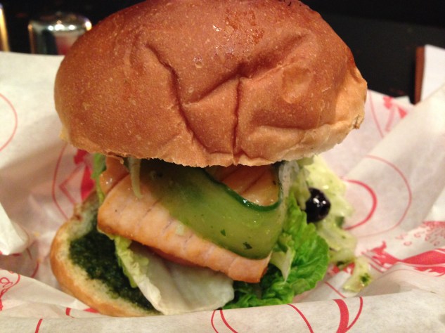 The Salmon Burger on a brioche bun.