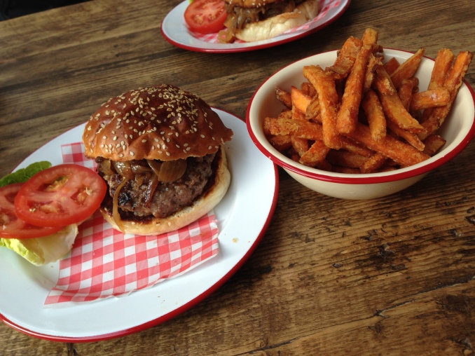 The NYC Black Label with Sweet Potato Fries.