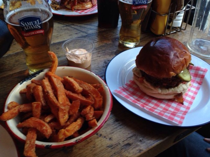 The burger can easily be made vegan. We had ours with sweet potato fries.