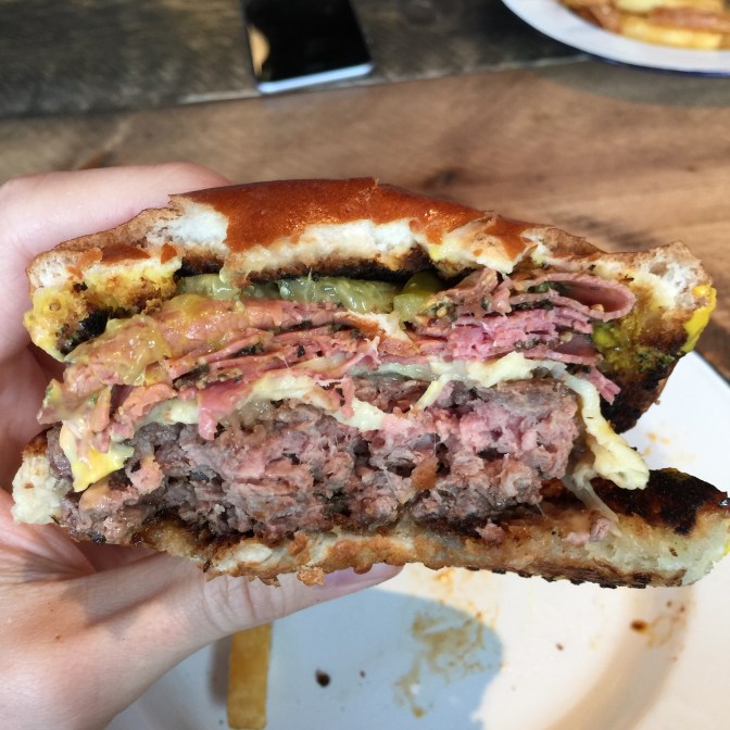 Inside the NYC pastrami goodness! Look at it!